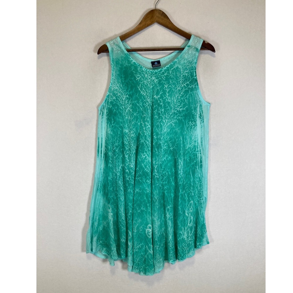 Boho Advance Women OS Teal Green Tie Dye Embroidered Handkerchief Hem Tunic Top